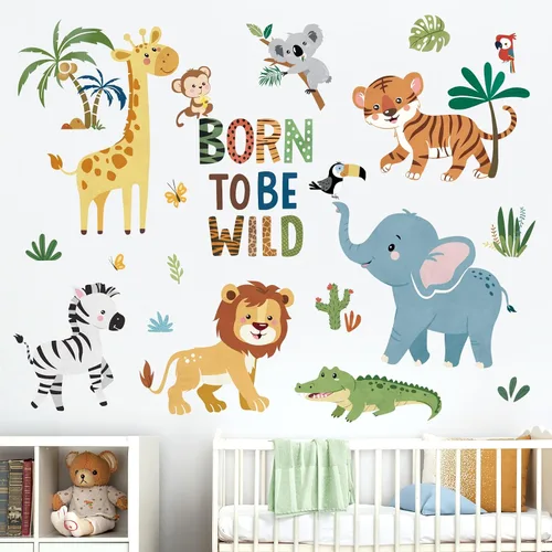 Vista 9 de decalmile Pegatinas de pared de animales de la jungla 3D, calcomanías de pared de animales del bosque, elefante, león, mono, calcomanías