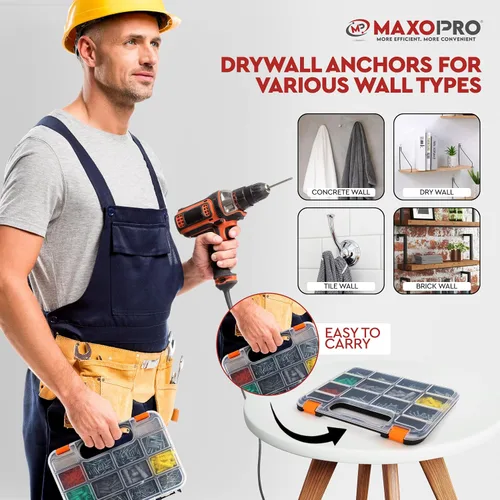Vista 7 de Kit de anclajes y tornillos para paneles de yeso - Kit de anclajes de pared secos de plástico de 370 piezas - Anclajes de pared y tornillos