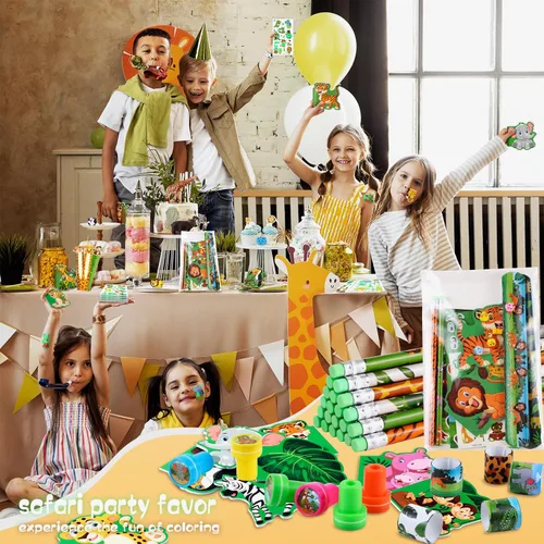 Vista 7 de BenLouis 120Pcs Recuerdos de fiesta de Safari en la jungla, sellos de estampado de animales del zoológico, pulseras de bofetada, juego de papelería