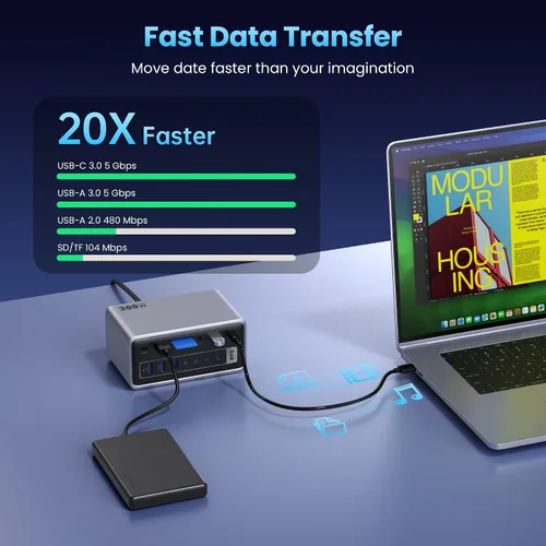 Vista 6 de Estación de acoplamiento USB 20-en-1, estación de carga de 300W, Hub USB-C de triple pantalla con 2x4K HDMI, DP, VGA, Ethernet, 7 puertos USB-A/C