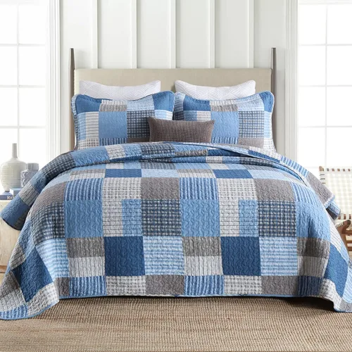 Vista 20 de Y-PLWOMEN Colchas 100% algodón tamaño Queen Farmhouse Plaid 3 piezas ropa de cama Azul y marrón