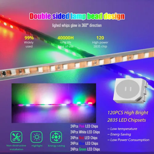 Vista 2 de YEORO 2 piezas Tiras LED Dobles RGB 270 Luces Estroboscópicas Automáticas de Antena Impermeables para UTV, ATV (2.4 pies)