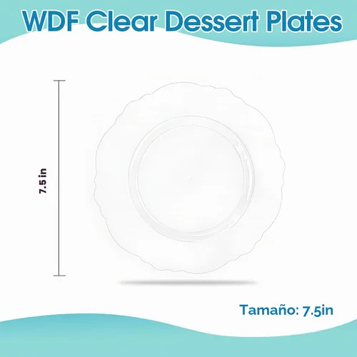 Vista 3 de WDF - 60 platos desechables de plástico transparente para postre, 7.5 pulgadas, pequeños, desechables, para pasteles, aperitivos, postres