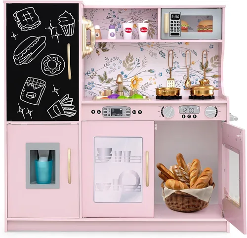 Vista 11 de Costzon Juego de cocina para niños, juego de juguetes de cocina de madera con sonido real, pizarra grande, teléfono, microondas, máquina de hielo
