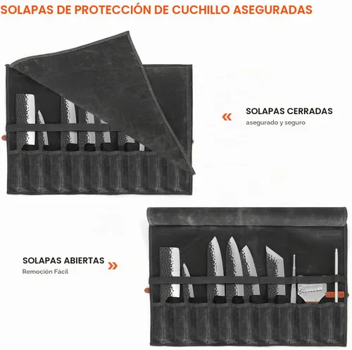 Vista 3 de Manjushri Bolsa enrollable para cuchillos de chef con 9 bolsillos de tela de lona y cinturón de cuero genuino. Negro