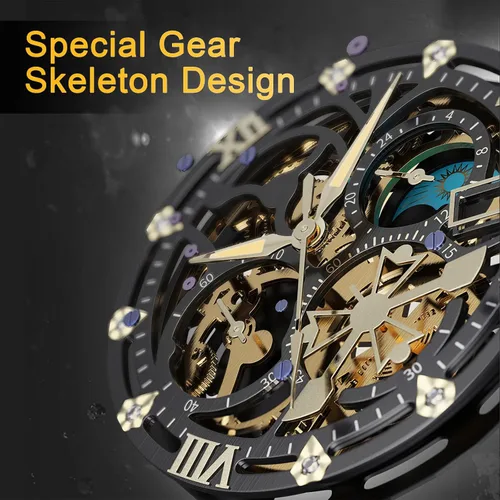 Vista 8 de Mens Watches, Upgraded Gear Design Mens Skeleton Watch, Chronograph Luxury Diamond Dress Business Analog Quartz Wrist Watches for Men, 100fts