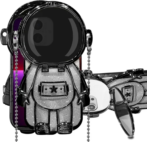 Vista 17 de Funda de astronauta compatible con iPhone 14 Pro Max con soporte, espejo, correa de hombro con cordón, espejo de papel con purpurina desmontable