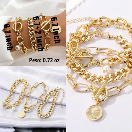 Vista 3 de IFKM Juego de 6 pulseras de cadena de oro bohemio para mujer, chapado en oro de 14 quilates, múltiples capas, apilables, abiertas, con eslabones