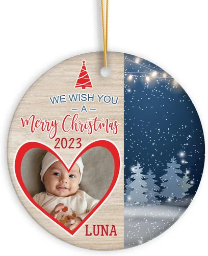 Vista 14 de Adorno de Navidad con foto personalizada 2023, adorno de Navidad con nombre del bebé, adorno de Navidad con texto personalizado para bebé, recién