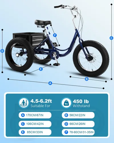 Vista 6 de Triciclo para adultos con neumáticos gruesos, 20 pulgadas, 3 ruedas, bicicleta cómoda para adultos, 7 velocidades, canasta grande, frenos de disco