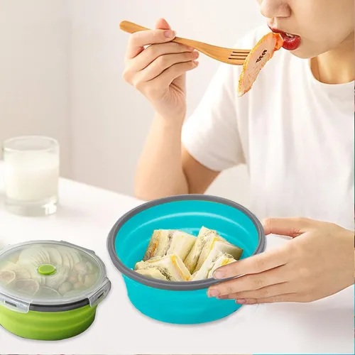 Vista 5 de 2 cuencos plegables con tapas, contenedores plegables reutilizables para preparación de comidas, contenedores de almacenamiento de alimentos