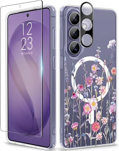 Vista 41 de GVIEWIN Funda protectora para Samsung Galaxy S25, transparente floral, delgada, a prueba de golpes, para mujer, no se pone amarilla, con protector