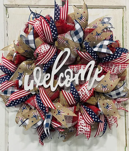 Vista 4 de 24" Round Patriotic Mesh Front Door Wreath with Welcome Sign Insert Option, Heavy Wire Base, Lots of Ribbon