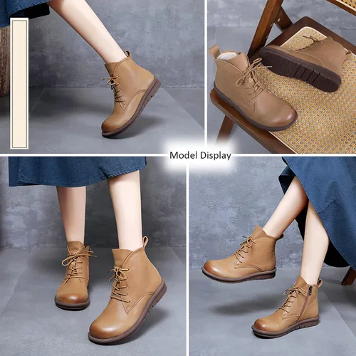Vista 4 de AUNTHUI Botines de cuero genuino para mujer, botas cortas planas con punta redonda, cómodas y suaves, con cremallera lateral, botas casuales retro