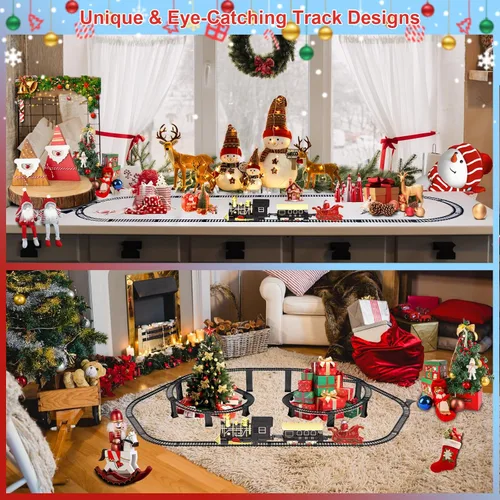 Vista 5 de Juego de tren eléctrico con pistas elevadas 3D, música, locomotora, vagones de pasajeros, luces y modo silencioso, tren de Navidad para niños