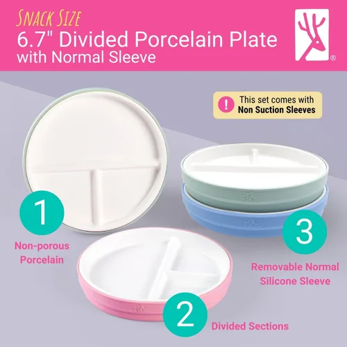 Vista 2 de Elk and Friends platos para niños de porcelana divididos de 6.7" con fundas de silicona Adecuados para bebés/niños/niños pequeños Apto