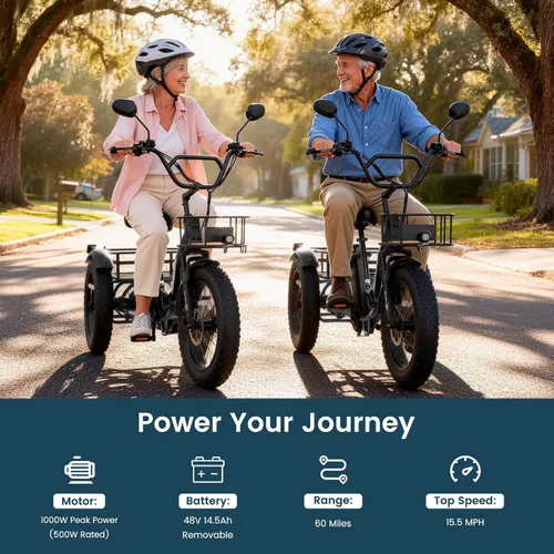 Vista 2 de MOONCOOL Triciclo eléctrico plegable para adultos, Etrike de aluminio de 20 pulgadas, clasificado 500 W, batería extraíble de 48 V frenos de disco