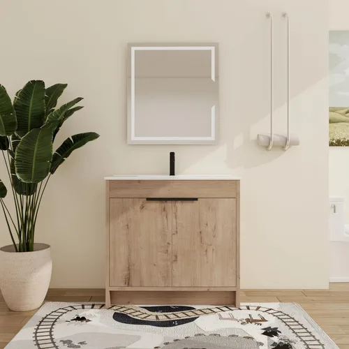 Vista 9 de Malwee Tocador de baño independiente de 24 pulgadas con lavabo, tocador de baño de pie de 24'', tocador moderno con 2 puertas y encimera de lavabo