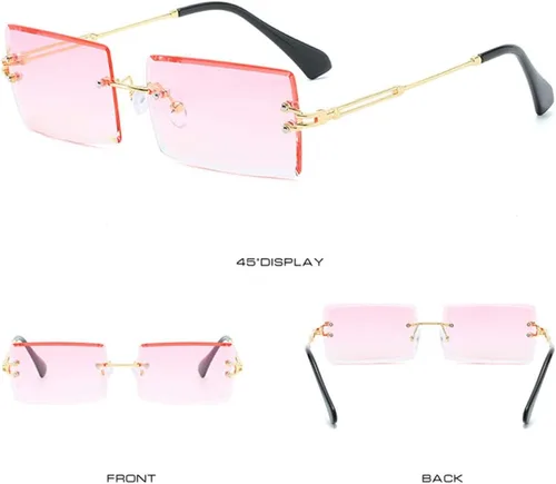 Vista 5 de LASPOR Lentes de sol rectangulares sin montura retro para mujeres y hombres, lentes teñidas, metal dorado, sin marco, gafas cuadradas vintage