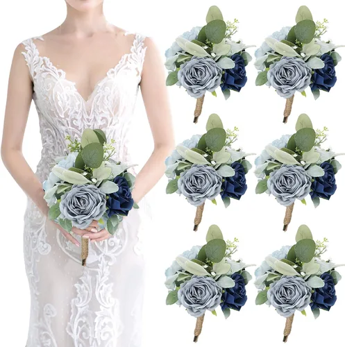 Vista 21 de Ramo de dama de honor artificial para boda, ramo de flores de seda prefabricadas de 7 pulgadas, ramo de flores pequeñas para dama de honor