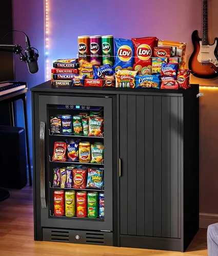 Vista 4 de Lamtor Barra de café con espacio para mini refrigerador, gabinete de barra de café con toma de corriente, mini gabinete de nevera estriado