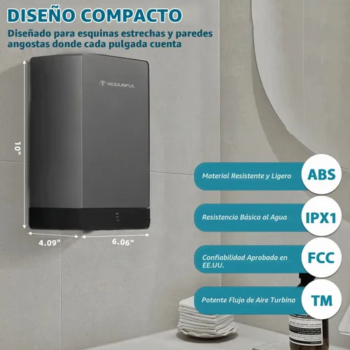 Vista 4 de modunful Secadores de manos compactos para baños domésticos: secador de manos Turbo Power con enchufe de 110V, flujo de aire dual, D5 Ease Pure