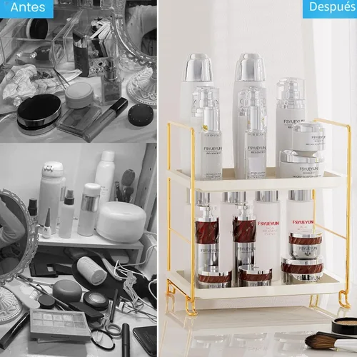 Vista 7 de FSyueyun Organizador de Encimera de Baño de 2 Niveles, Instalación Sin Herramientas, Organizador de Estante de Maquillaje de Plásticos Premium