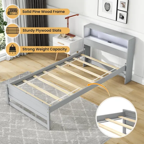 Vista 5 de Giantex Base de cama individual con cabecera de almacenamiento, plataforma de madera con estación de carga y luz LED, cama individual con soporte