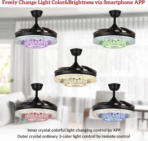 Vista 6 de Ventilador de techo reversible de 42 pulgadas con luces altavoz Bluetooth, lámpara inteligente de cristal regulable de 7 colores con control remoto