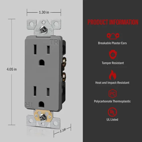 Vista 3 de ENERLITES Toma de corriente decorativa de grado industrial, 15A 125V, receptáculo dúplex resistente a manipulaciones, conexión a tierra, 5-15R, 2