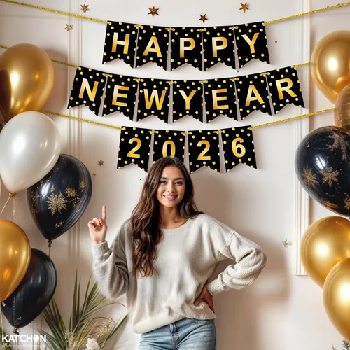 Vista 5 de KatchOn, Banner de Feliz Año Nuevo 2026 - Sin bricolaje, 10 pies Telón de fondo de Feliz Año Nuevo para suministros de fiesta de Nochevieja