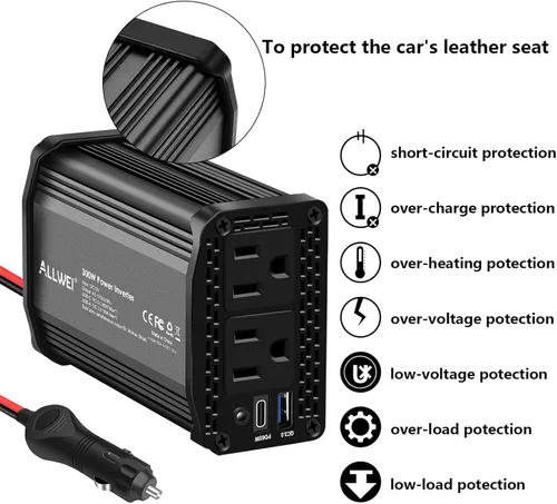 Vista 8 de ALLWEI Inversor de coche de 300 W con puerto USB 3.0 USB-C de 65 W - CC 12 V a 110 V (negro y azul)