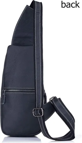 Vista 3 de BULLCAPTAIN Bolso bandolera de cuero genuino para hombre, bandolera para el pecho, mochila de viaje, Negro -, Mochilas Sling