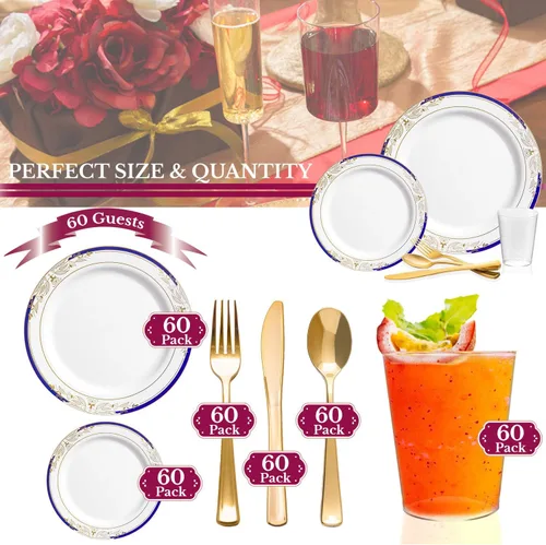 Vista 5 de Elegante vajilla desechable de plástico resistente, platos de plástico de diseño elegante, para bodas, cumpleaños y todas las ocasiones
