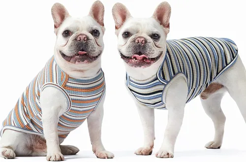 Vista 2 de Camisas para perros, chaleco de algodón a rayas, ropa elástica sin mangas para perros pequeños, paquete de 2 camisetas suaves y transpirables