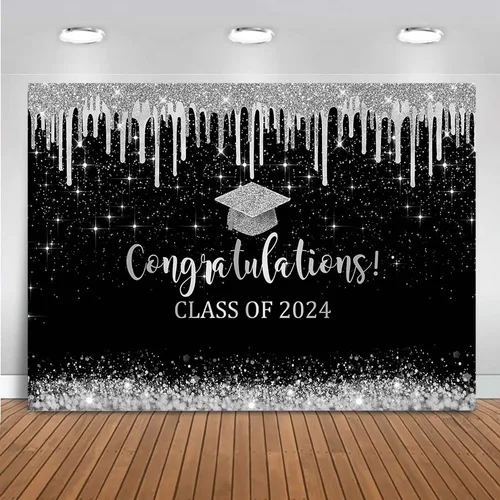 Vista 10 de Mocsicka Fondo de graduación de 7 x 5 pies 2026, decoraciones de graduación negro y dorado, pancarta de felicitaciones de graduación 2026, fondo