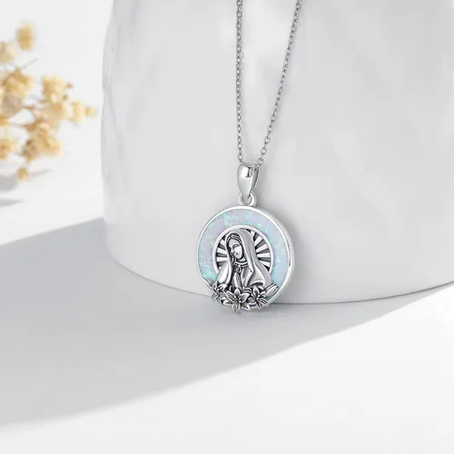 Vista 2 de LONAGO Collar con colgante de medalla milagrosa de la Virgen María con ópalo creado en la Marina Blessed Mother Necklace Regalo para mujeres Día