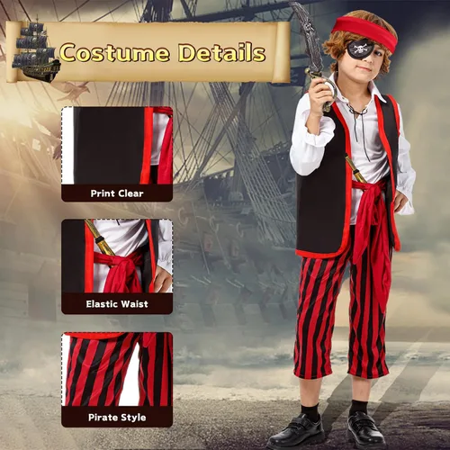 Vista 3 de Joy Bang Disfraz de pirata para niños, disfraces de bucanero de Halloween para niños y niñas de 3 a 12 años, juego de rol de simulación de cosplay