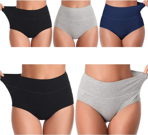 Vista 10 de UMMISS - Ropa interior de algodón de cintura alta para mujer, cobertura completa, suave, cómoda, multipack de braguitas Negro-gris-total