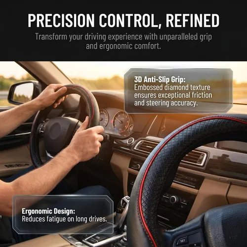 Vista 2 de Protector de volante Yunanwa Universal de 15 pulgadas de cuero auténtico reforzado duradero con diseño deportivo de ola, Negro + rojo
