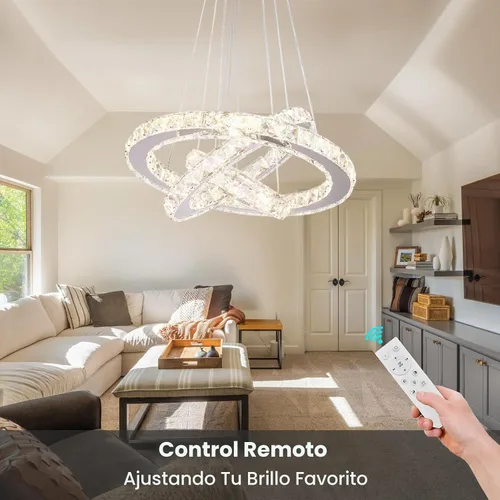 Vista 3 de Candelabro LED de cristal con iluminación regulable LED moderna lámpara de techo de 3 anillos ajustable de acero inoxidable para dormitorios y sala