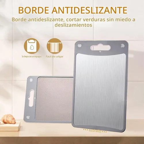 Vista 3 de Tabla de cortar de doble cara, tabla de cortar de acero inoxidable para cocina, grado alimenticio, acero inoxidable y paja de trigo PP, tabla