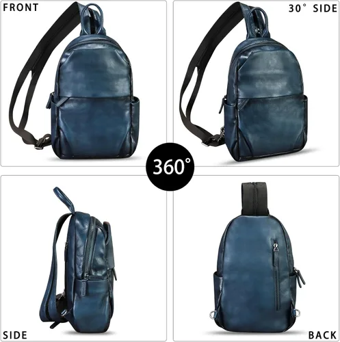 Vista 3 de Bolso de cuero genuino para hombres y mujeres, mochila grande tipo bandolera para iPad Pro de 12.9 pulgadas, Azul marino, Mediana