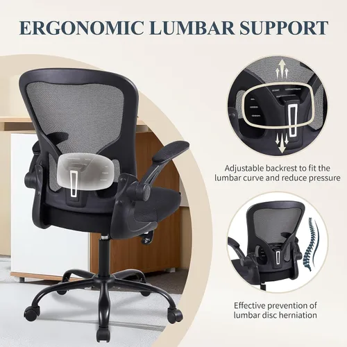 Vista 6 de Flysky Silla ergonómica de escritorio para oficina en casa, soporte lumbar, silla giratoria de malla transpirable para computadora con ruedas y Negro