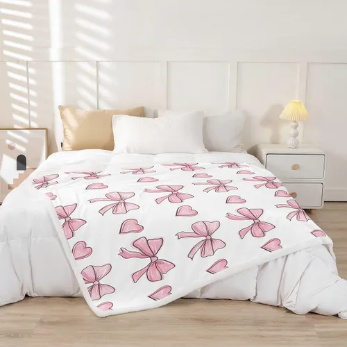 Vista 2 de Manta de franela de forro polar con lazos rosados femeninos de 40 x 50 pulgadas, manta mullida de corazones para el día de San Valentín para sofá