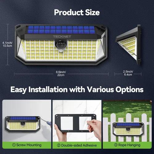 Vista 7 de TECKNET 4200LM 416 luces solares LED para exteriores IP66 impermeables, luces solares de movimiento para exteriores con ángulo de 300° y 3 modos