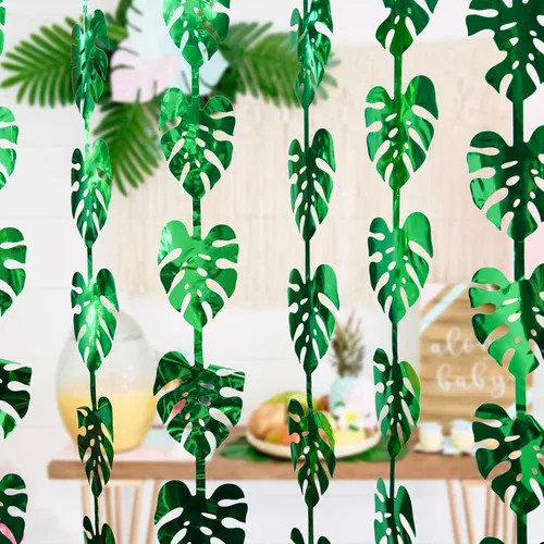 Vista 4 de Decoraciones tropicales para fiestas, paquete de 2 unidades de 3.3 x 6.6 pies, hojas de palmera tropicales verdes, cortina de flecos de hojas