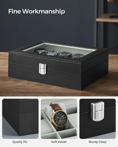 Vista 3 de SONGMICS Caja de reloj, caja de reloj de 10 ranuras con tapa de vidrio grande, almohadas extraíbles para reloj, organizador de caja de reloj, regalo