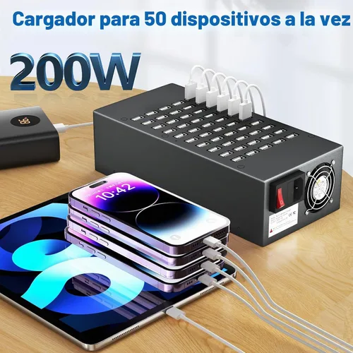 Vista 2 de Estación de carga USB de 50 puertos de 200 vatios (40 A), cargador rápido USB con protección inteligente, múltiples cargadores de escritorio USB