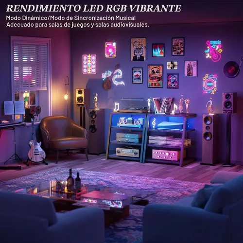 Vista 5 de Armocity Soporte multimedia AV de 4 niveles con tiras de alimentación, soporte estéreo con luces LED, torre de audio en rack con estantes
